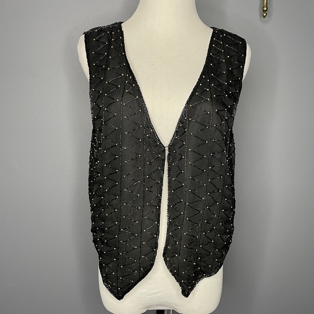 Sweet Sue 100% silk gold beaded black sheer latch vest size medium